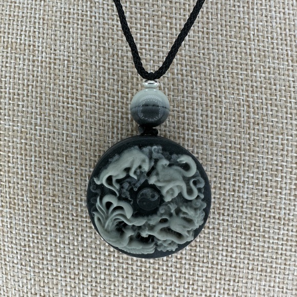 Jewelry - Tai Chi Stone Dragon Phoenix Tiger Snake Pendant Necklace: Silver Accent on Rope